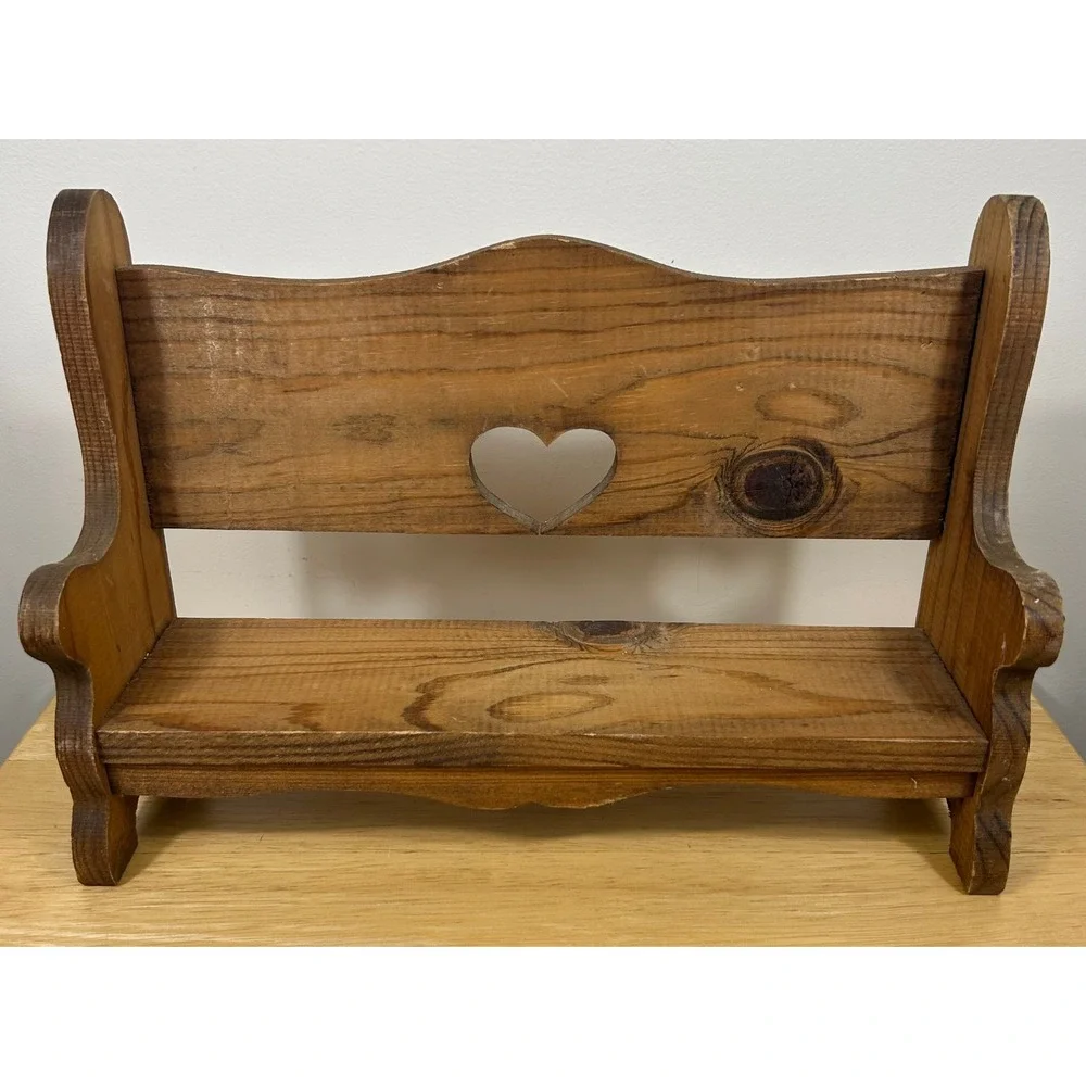 VTG Wooden Doll Bench Brown Heart Cutout Rustic Farmhouse Cottage Shelf Display
